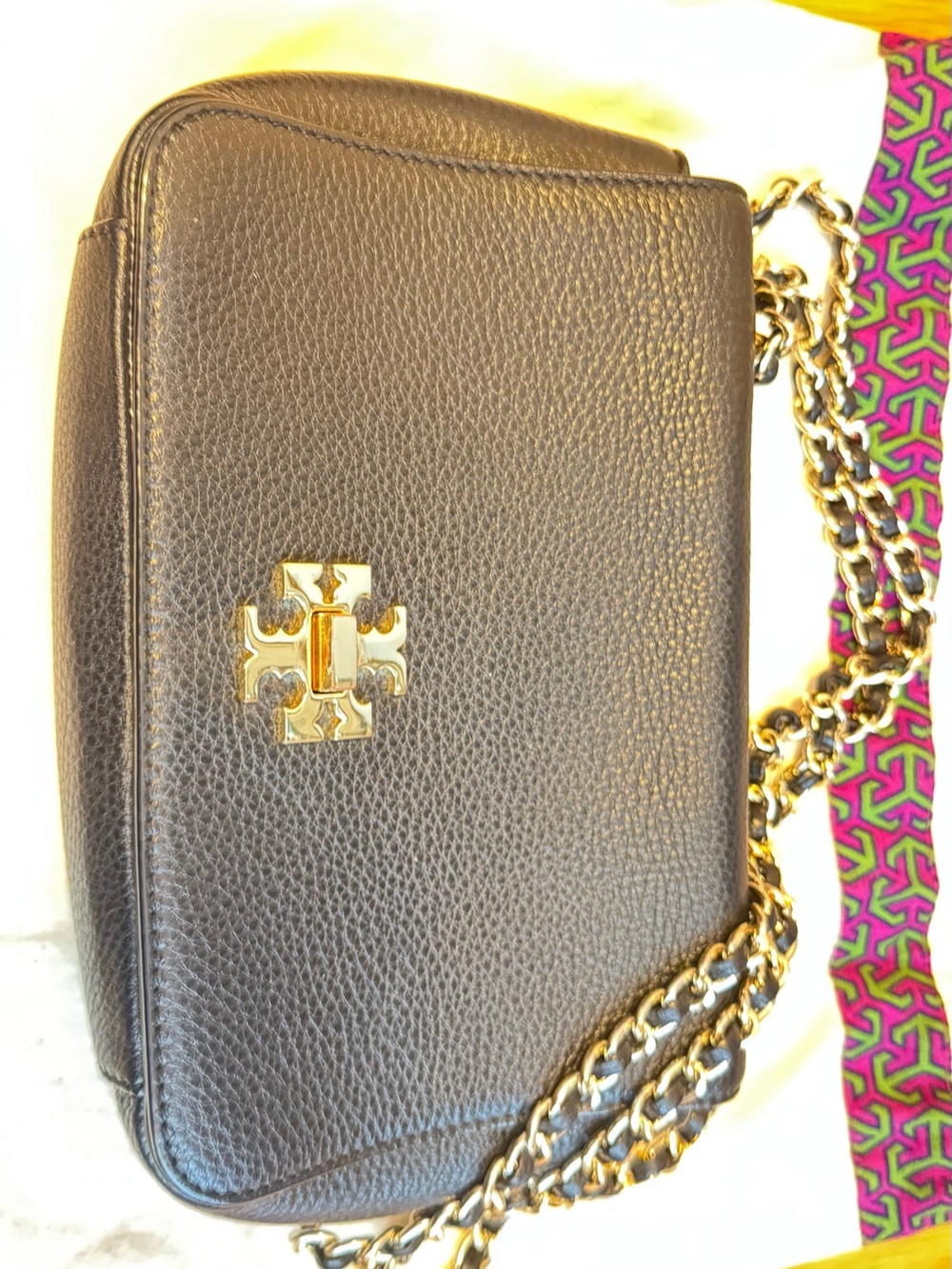 Tory Burch Black Pebbled Leather Crossbody with Gold Logo Chain